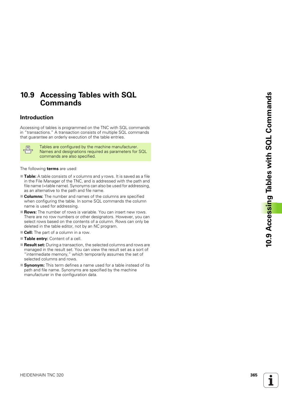 9 accessing tables with sql commands, Introduction | HEIDENHAIN TNC 320 (340 551-02) User Manual | Page 365 / 493