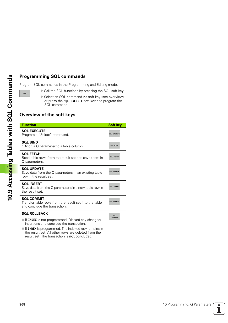 Programming sql commands, Overview of the soft keys, 10 .9 a ccessing t a bles with sql commands | HEIDENHAIN TNC 320 (340 551-02) User Manual | Page 368 / 493