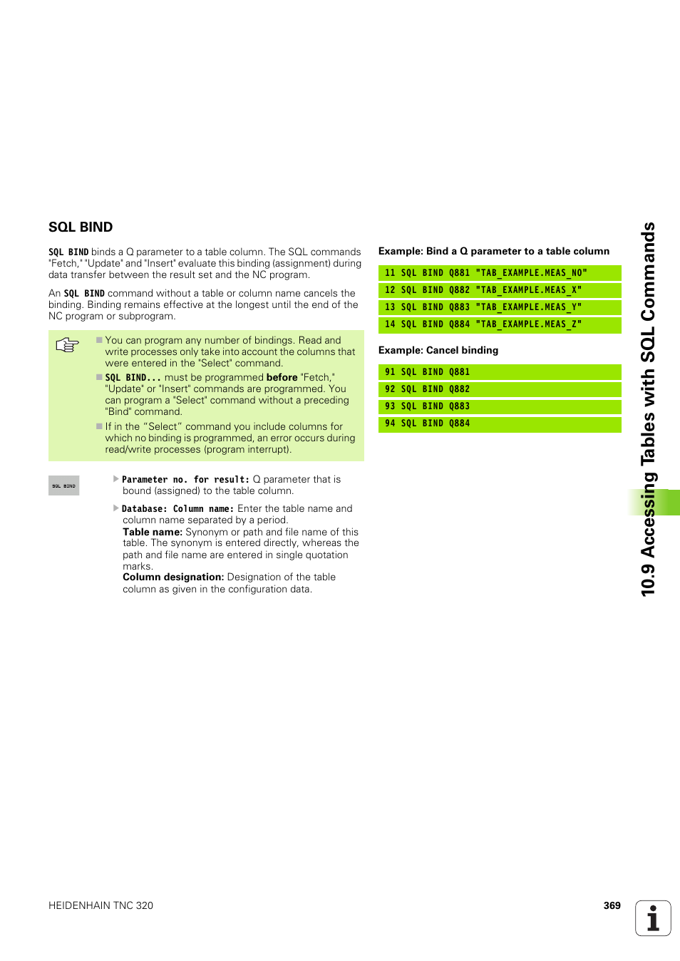 Sql bind, 10 .9 a ccessing t a bles with sql commands | HEIDENHAIN TNC 320 (340 551-02) User Manual | Page 369 / 493