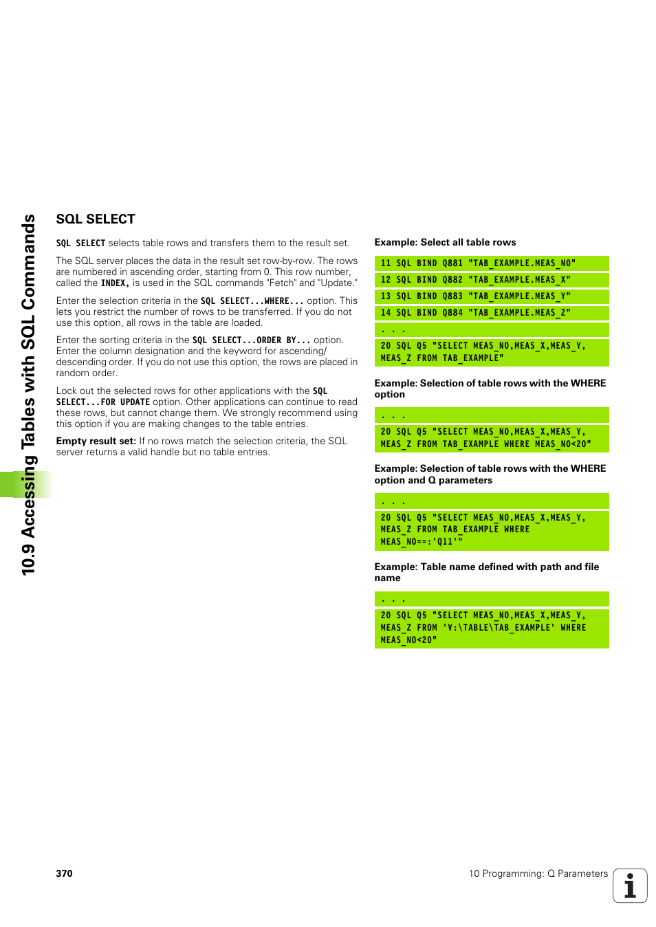 Sql select, 10 .9 a ccessing t a bles with sql commands | HEIDENHAIN TNC 320 (340 551-02) User Manual | Page 370 / 493