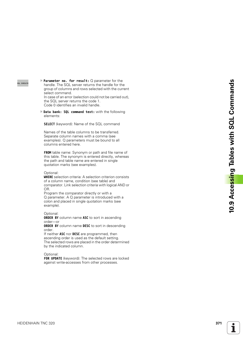 10 .9 a ccessing t a bles with sql commands | HEIDENHAIN TNC 320 (340 551-02) User Manual | Page 371 / 493