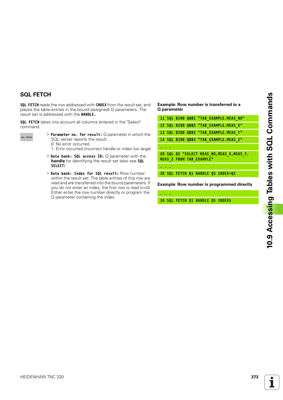 Sql fetch, 10 .9 a ccessing t a bles with sql commands | HEIDENHAIN TNC 320 (340 551-02) User Manual | Page 373 / 493