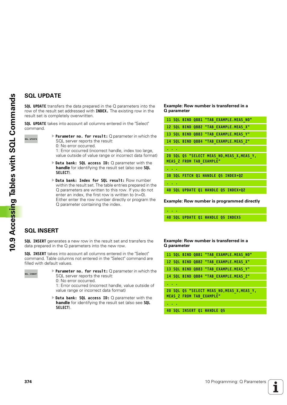 Sql update, Sql insert, 10 .9 a ccessing t a bles with sql commands | HEIDENHAIN TNC 320 (340 551-02) User Manual | Page 374 / 493