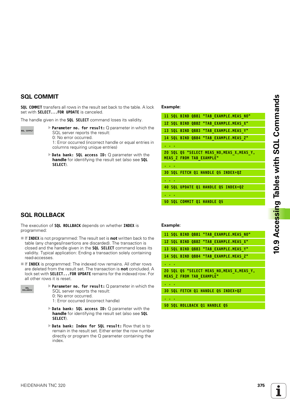 Sql commit, Sql rollback, 10 .9 a ccessing t a bles with sql commands | HEIDENHAIN TNC 320 (340 551-02) User Manual | Page 375 / 493