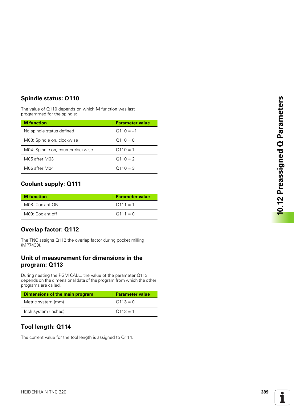 Spindle status: q110, Coolant supply: q111, Overlap factor: q112 | Tool length: q114, 10 .12 pr eassigned q p ar amet ers | HEIDENHAIN TNC 320 (340 551-02) User Manual | Page 389 / 493