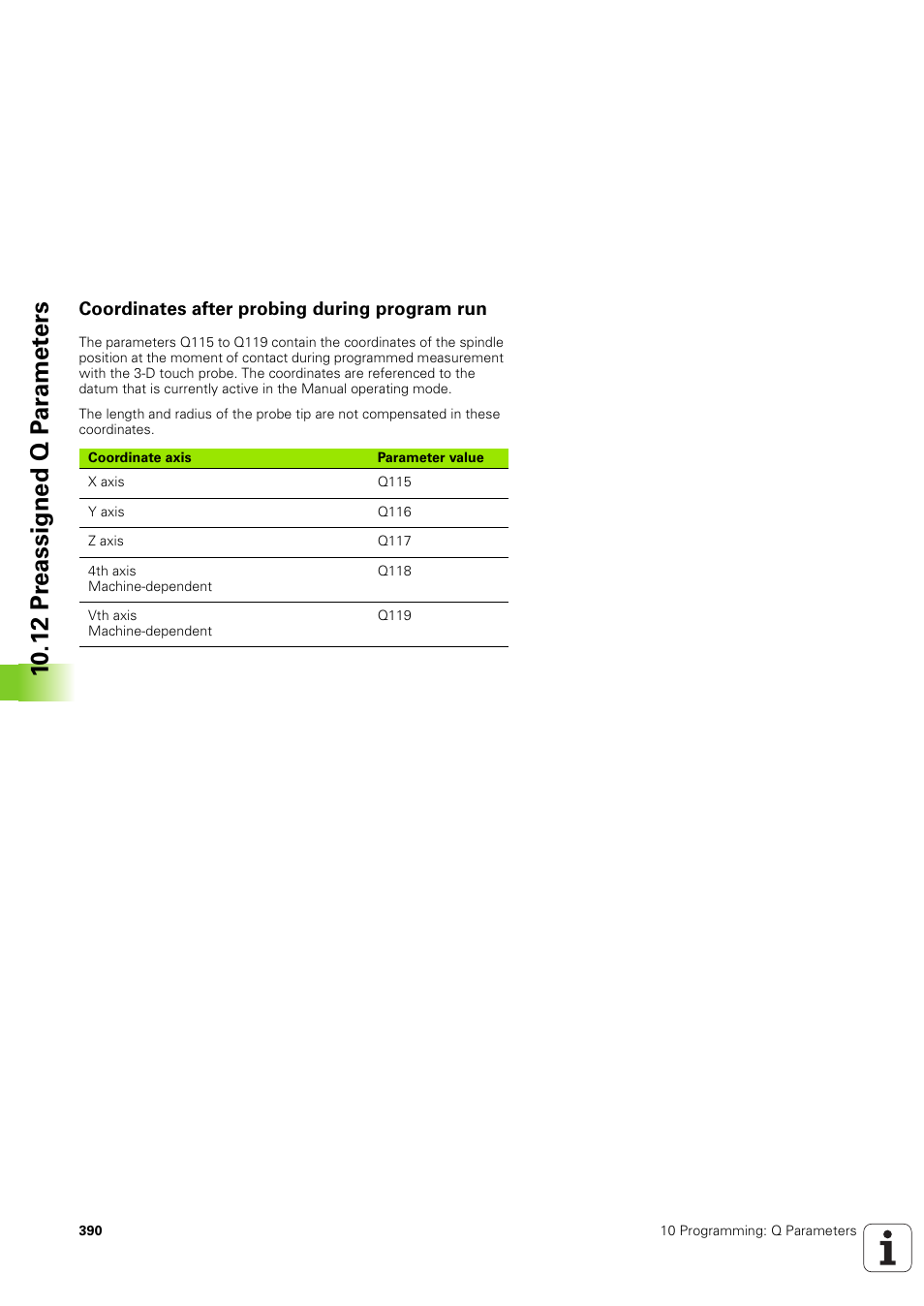 Coordinates after probing during program run, 10 .12 pr eassigned q p ar amet ers | HEIDENHAIN TNC 320 (340 551-02) User Manual | Page 390 / 493