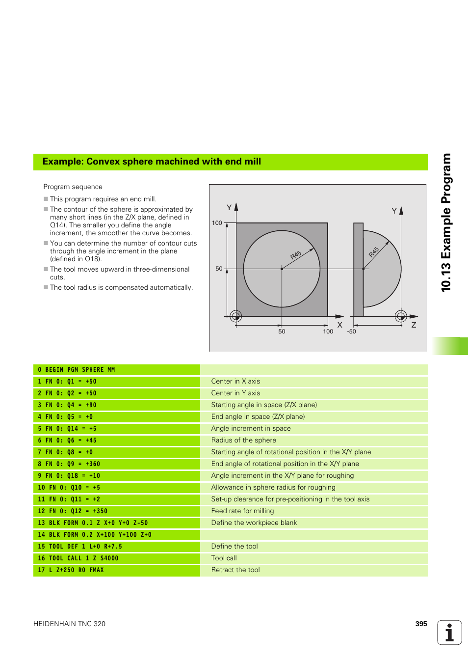 10 .13 example pr ogr a m, Example: convex sphere machined with end mill | HEIDENHAIN TNC 320 (340 551-02) User Manual | Page 395 / 493