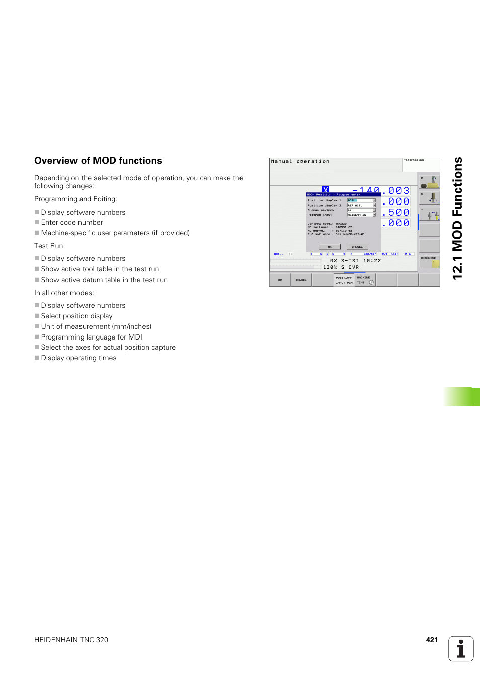 Overview of mod functions, 1 mod f u nctions | HEIDENHAIN TNC 320 (340 551-02) User Manual | Page 421 / 493