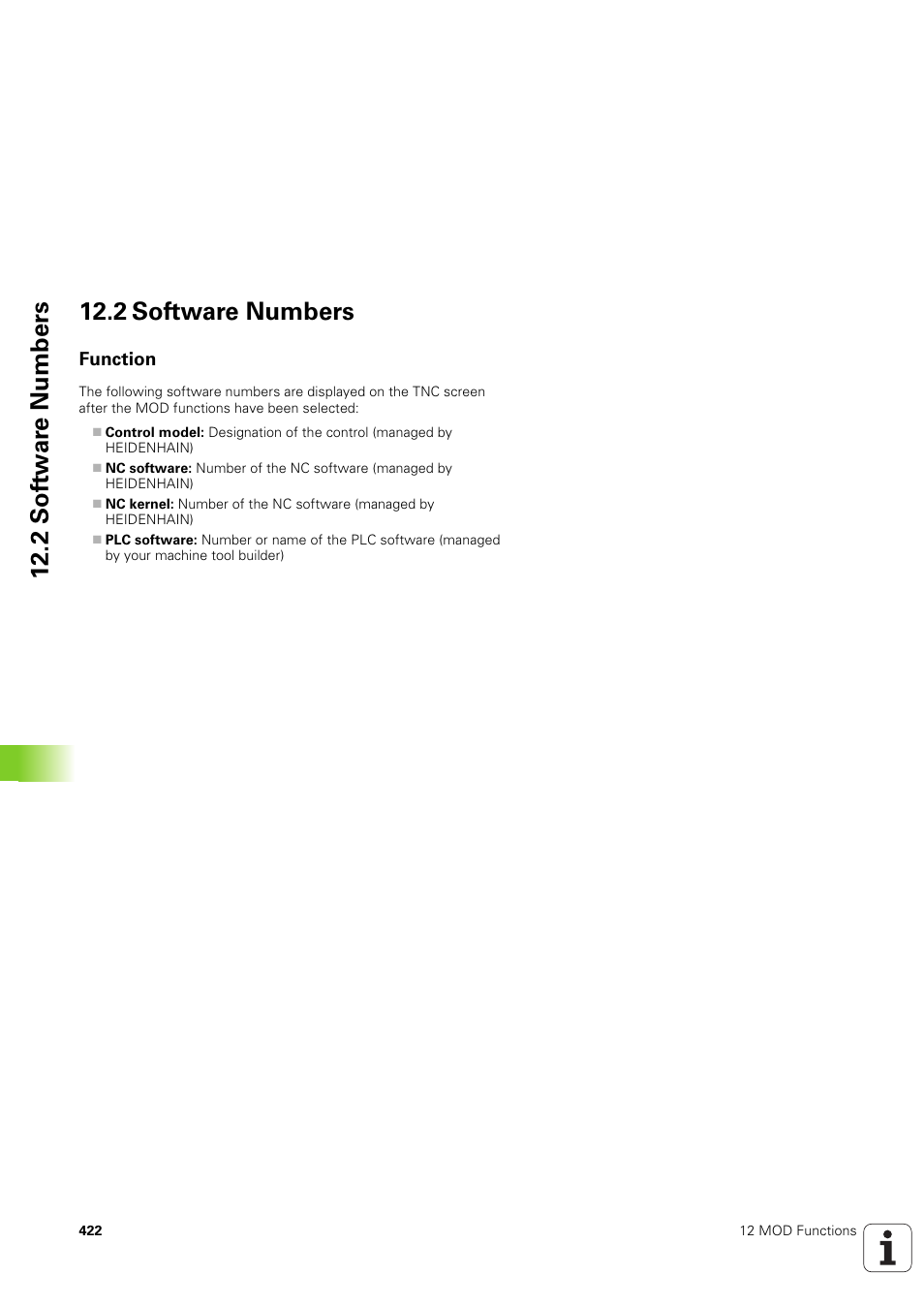 2 software numbers, Function, 2 sof tw a re numbers 12.2 software numbers | HEIDENHAIN TNC 320 (340 551-02) User Manual | Page 422 / 493