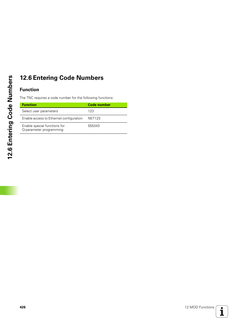 6 entering code numbers, Function | HEIDENHAIN TNC 320 (340 551-02) User Manual | Page 426 / 493