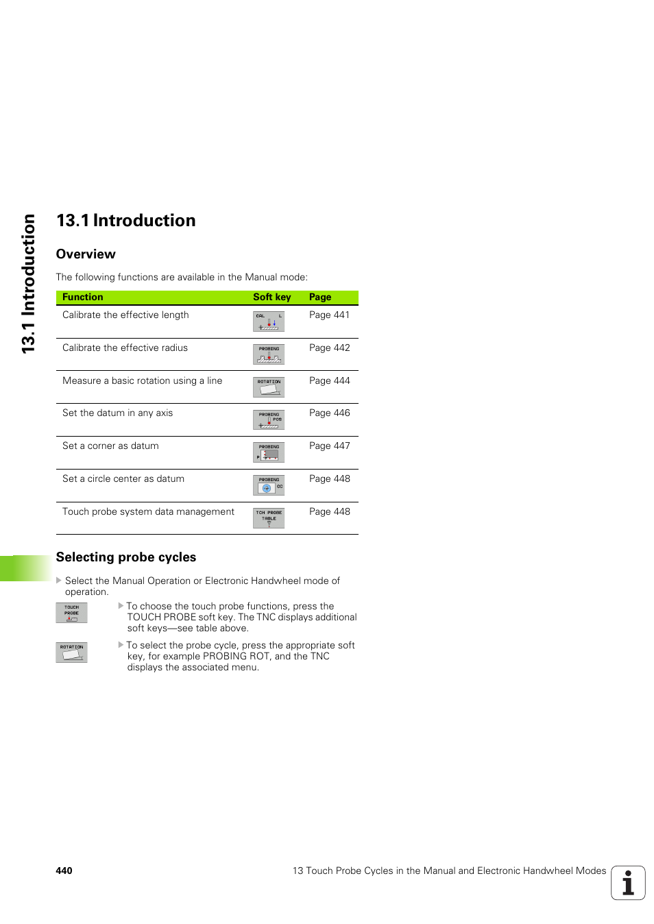 1 introduction, Overview, Selecting probe cycles | 1 intr oduction 13.1 introduction | HEIDENHAIN TNC 320 (340 551-02) User Manual | Page 440 / 493