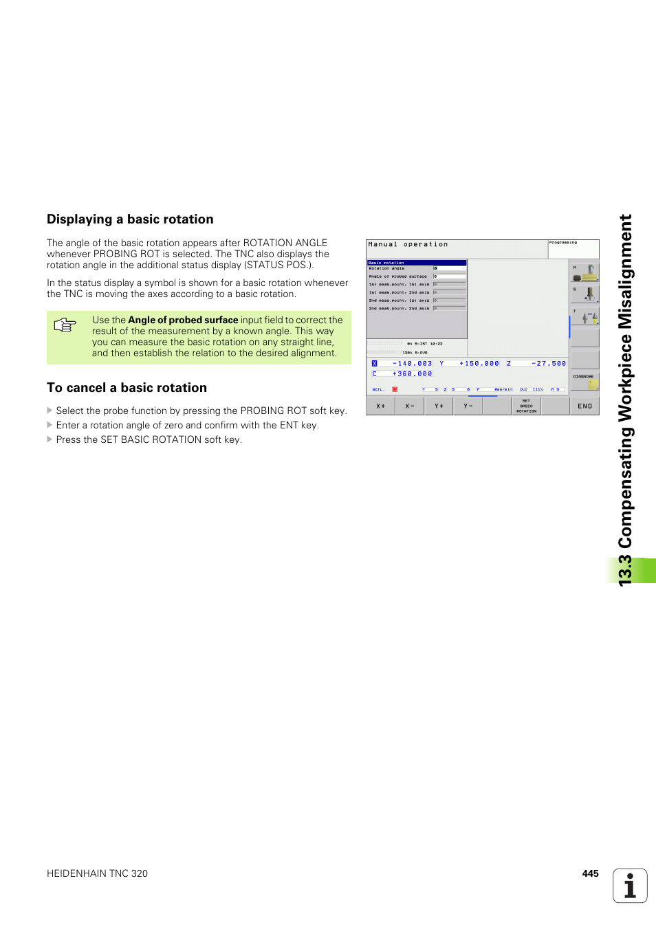 Displaying a basic rotation, To cancel a basic rotation, 3 compensating w o rk piece misalignment | HEIDENHAIN TNC 320 (340 551-02) User Manual | Page 445 / 493