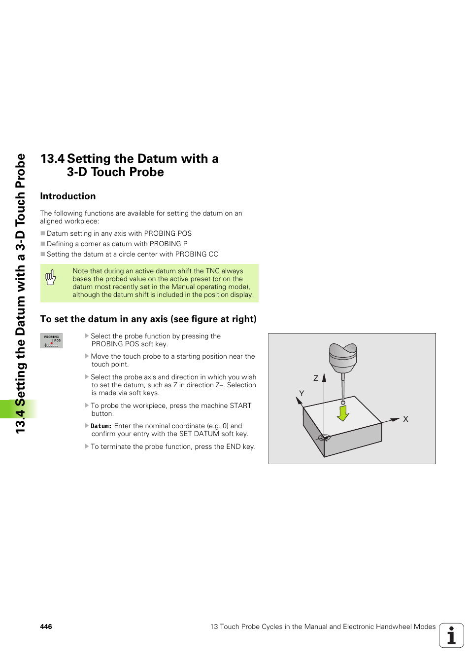 4 setting the datum with a 3-d touch probe, Introduction, To set the datum in any axis (see figure at right) | HEIDENHAIN TNC 320 (340 551-02) User Manual | Page 446 / 493