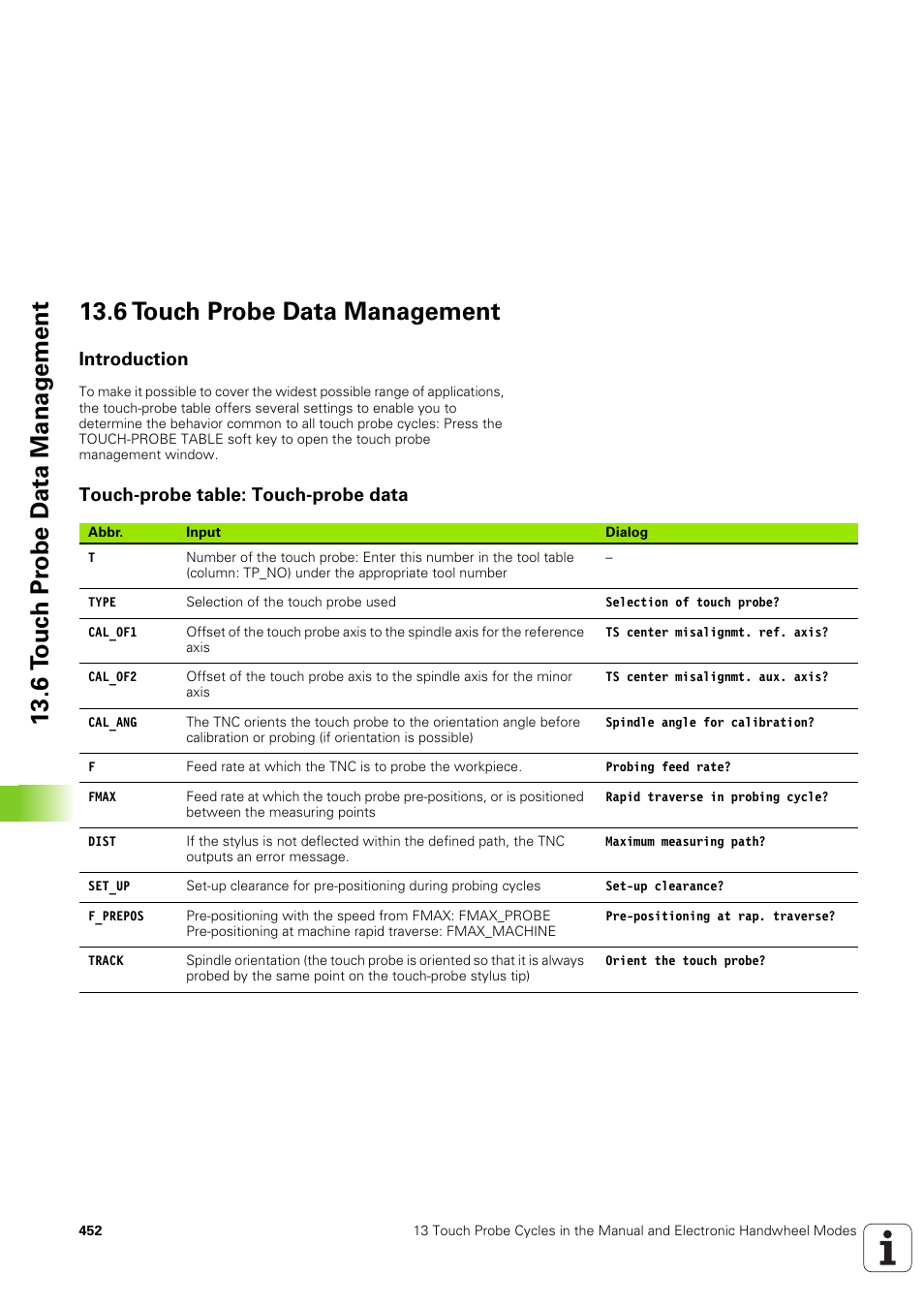 6 touch probe data management, Introduction, Touch-probe table: touch-probe data | HEIDENHAIN TNC 320 (340 551-02) User Manual | Page 452 / 493