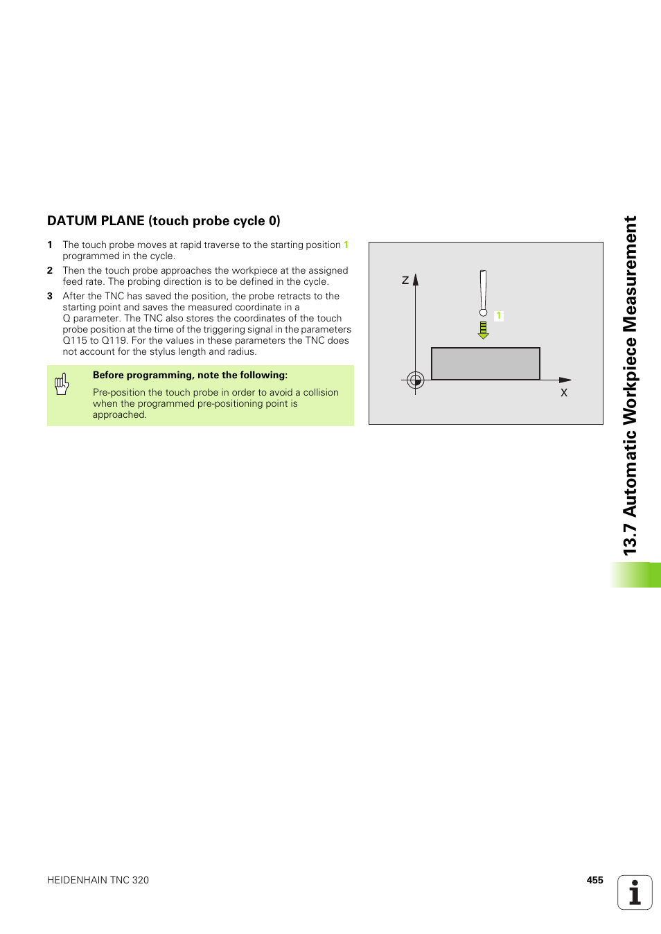 Datum plane (touch probe cycle 0), 7 a u to matic w o rk piece measur ement | HEIDENHAIN TNC 320 (340 551-02) User Manual | Page 455 / 493