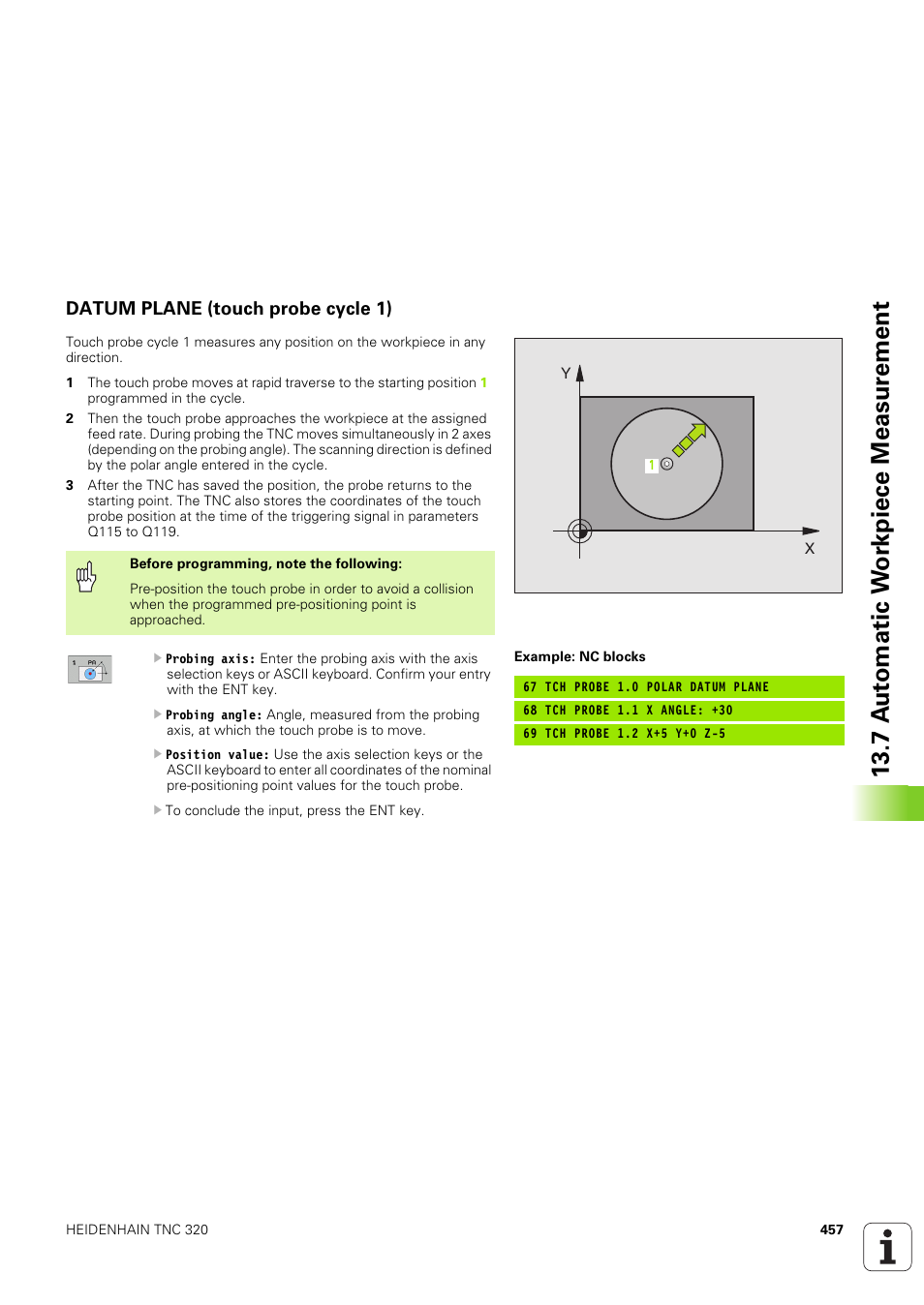 Datum plane (touch probe cycle 1), 7 a u to matic w o rk piece measur ement | HEIDENHAIN TNC 320 (340 551-02) User Manual | Page 457 / 493