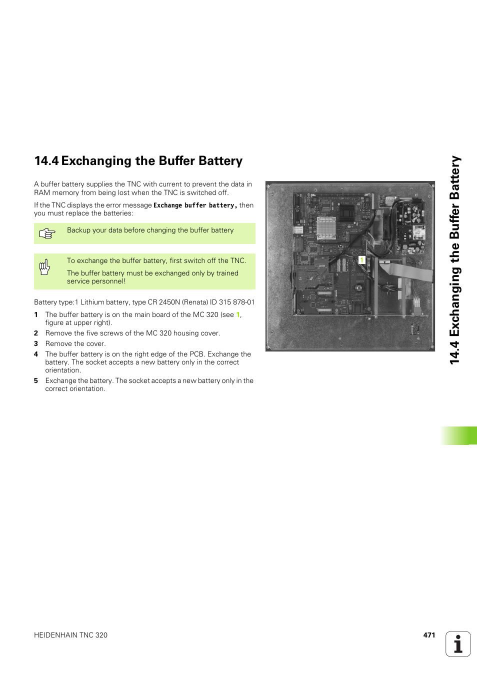 4 exchanging the buffer battery | HEIDENHAIN TNC 320 (340 551-02) User Manual | Page 471 / 493