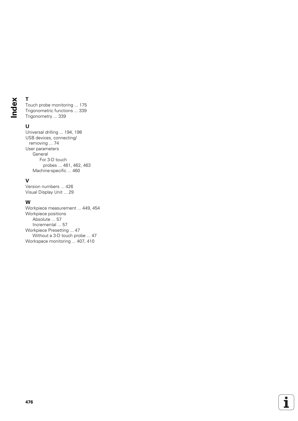 Index | HEIDENHAIN TNC 320 (340 551-02) User Manual | Page 476 / 493