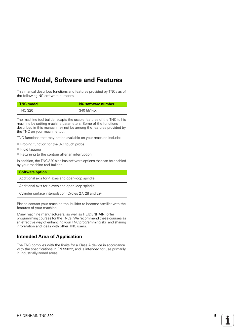 Tnc model, software and features, Intended area of application | HEIDENHAIN TNC 320 (340 551-02) User Manual | Page 5 / 493