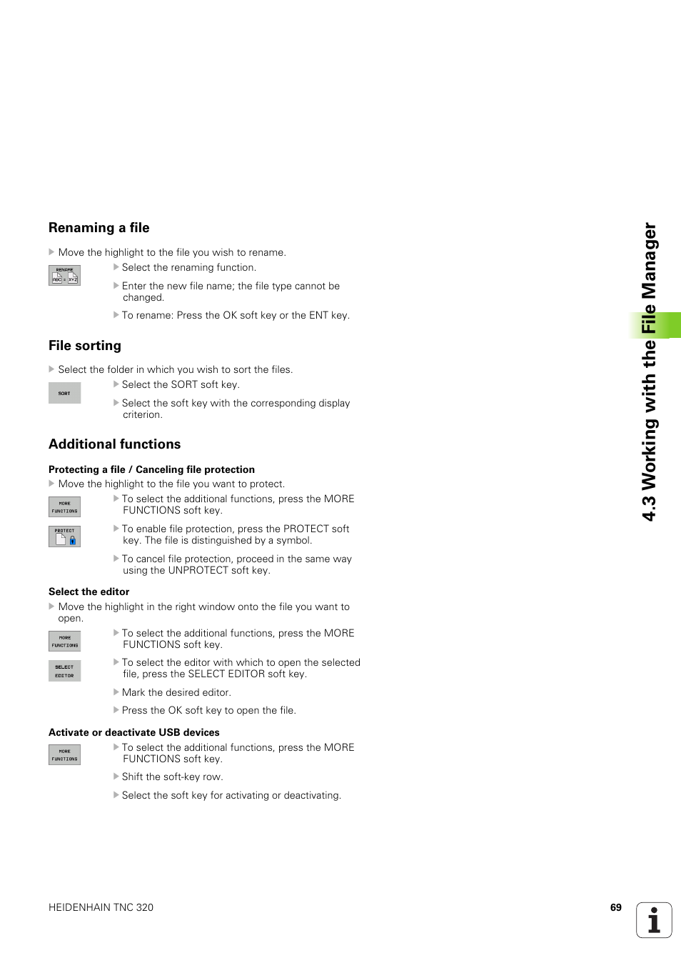 Renaming a file, File sorting, Additional functions | Rename a file, Protect a file against editing and erasure, Cancel file protection, 3 w o rk ing with the file manag e r | HEIDENHAIN TNC 320 (340 551-02) User Manual | Page 69 / 493