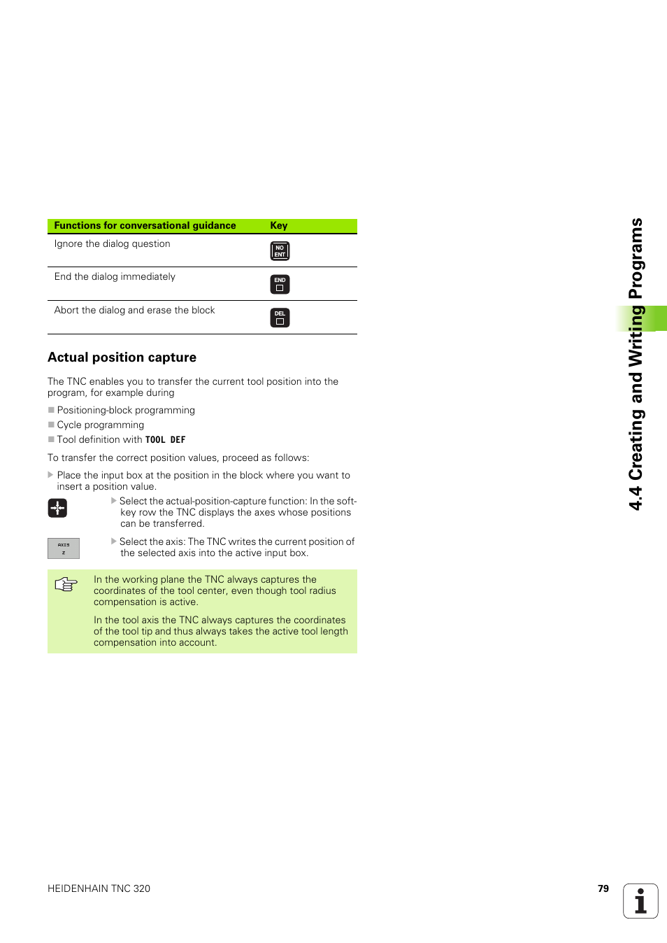 Actual position capture, 4 cr eating and w riting pr ogr a ms | HEIDENHAIN TNC 320 (340 551-02) User Manual | Page 79 / 493