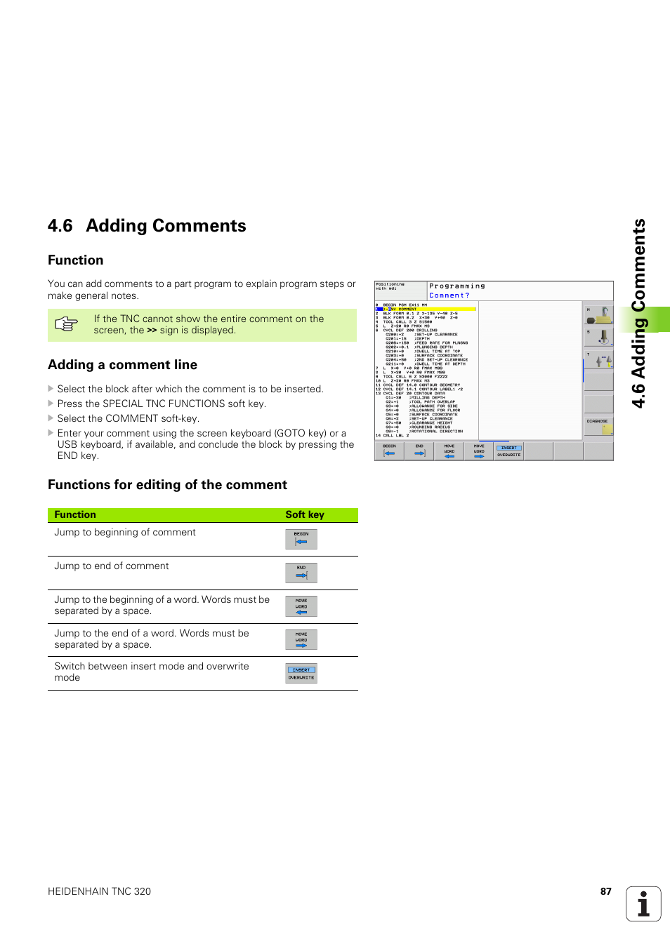 6 adding comments, Function, Adding a comment line | Functions for editing of the comment, 6 a d ding comments 4.6 adding comments | HEIDENHAIN TNC 320 (340 551-02) User Manual | Page 87 / 493