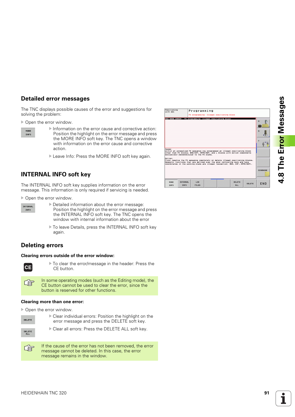 Detailed error messages, Internal info soft key, Deleting errors | 8 the er ro r messag e s | HEIDENHAIN TNC 320 (340 551-02) User Manual | Page 91 / 493