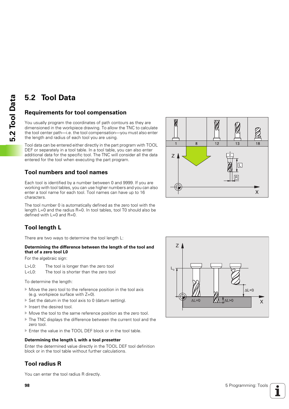 2 tool data, Requirements for tool compensation, Tool numbers and tool names | Tool length l, Tool radius r, 2 t o ol d a ta 5.2 tool data | HEIDENHAIN TNC 320 (340 551-02) User Manual | Page 98 / 493