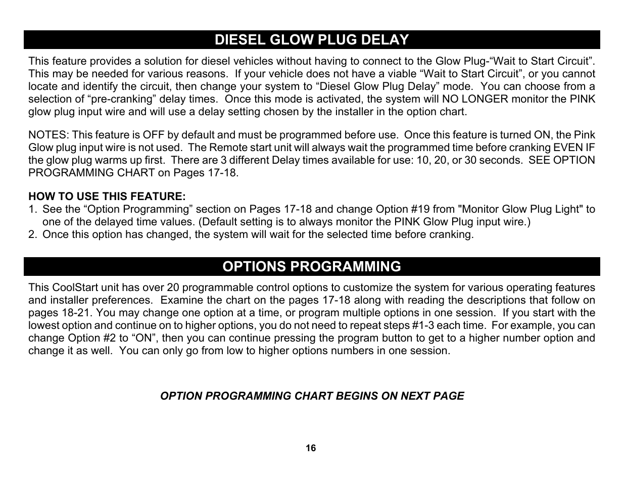 Diesel glow plug delay, Options programming, Option programming chart begins on next page | Crimestopper Security Products RS-999TW1/TW2 User Manual | Page 16 / 28