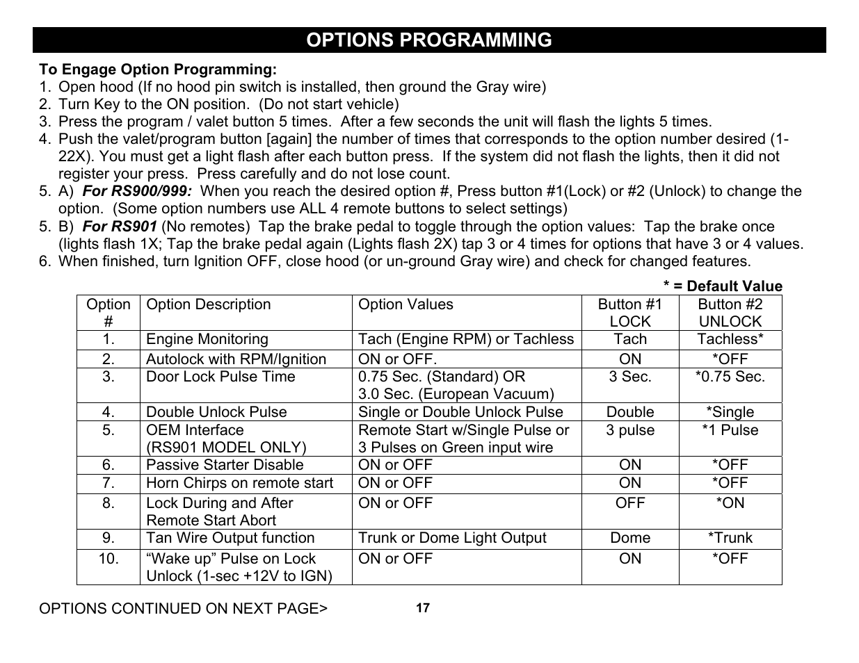 Options programming | Crimestopper Security Products RS-999TW1/TW2 User Manual | Page 17 / 28