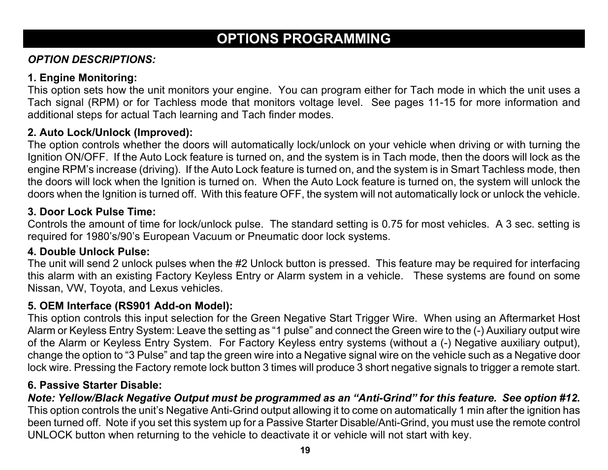Options programming, Double unlock pulse, Option descriptions | Crimestopper Security Products RS-999TW1/TW2 User Manual | Page 19 / 28