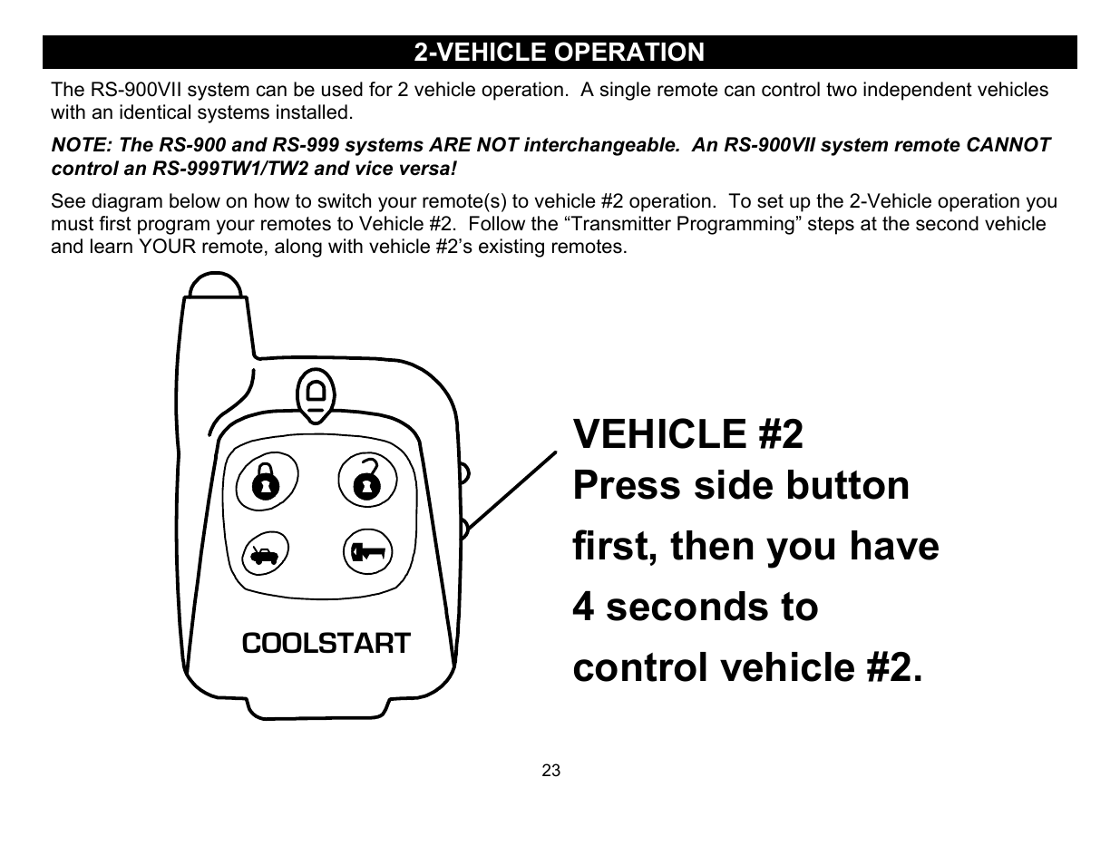 Vehicle operation, Coolstart | Crimestopper Security Products RS-999TW1/TW2 User Manual | Page 23 / 28