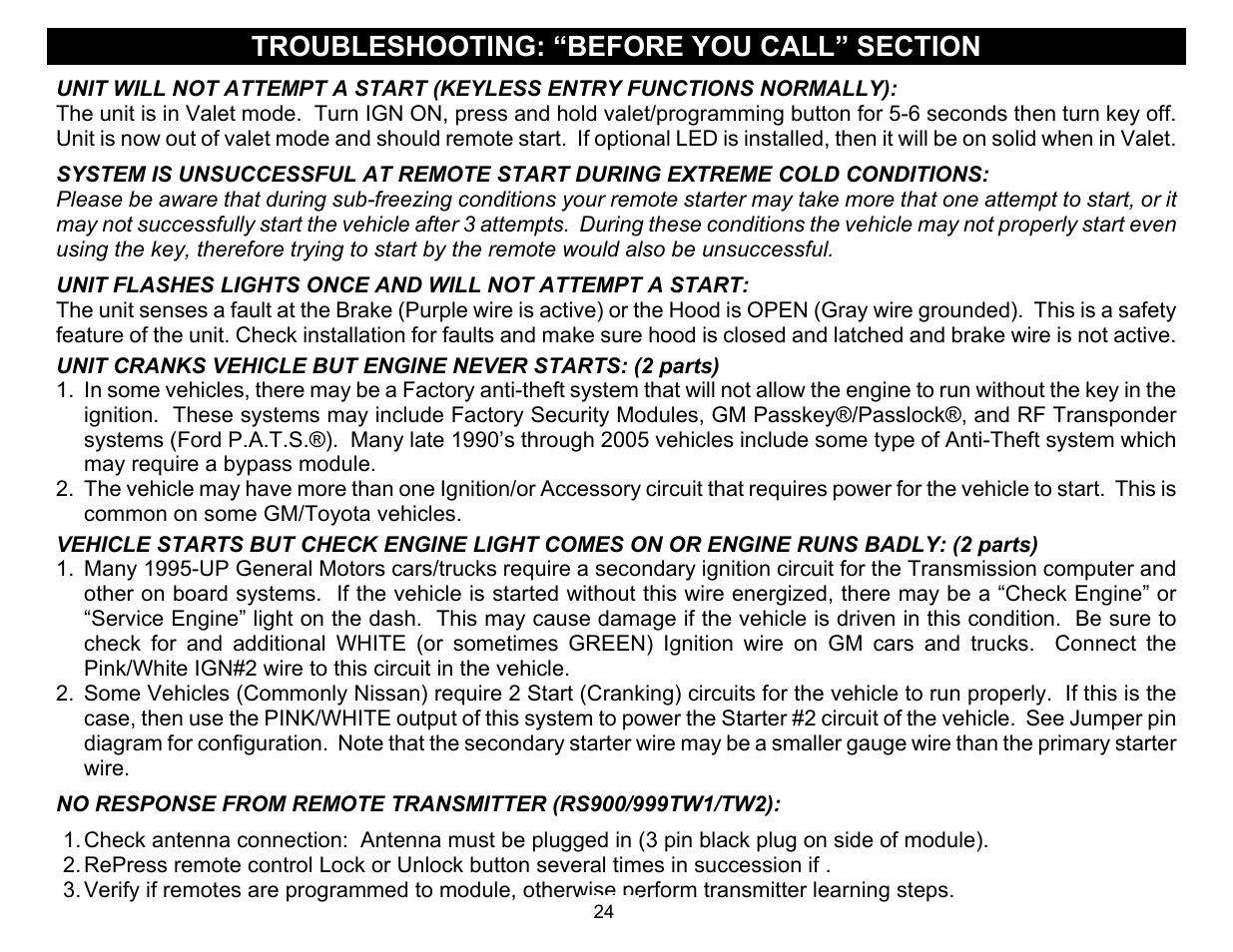Troubleshooting: “before you call” section | Crimestopper Security Products RS-999TW1/TW2 User Manual | Page 24 / 28