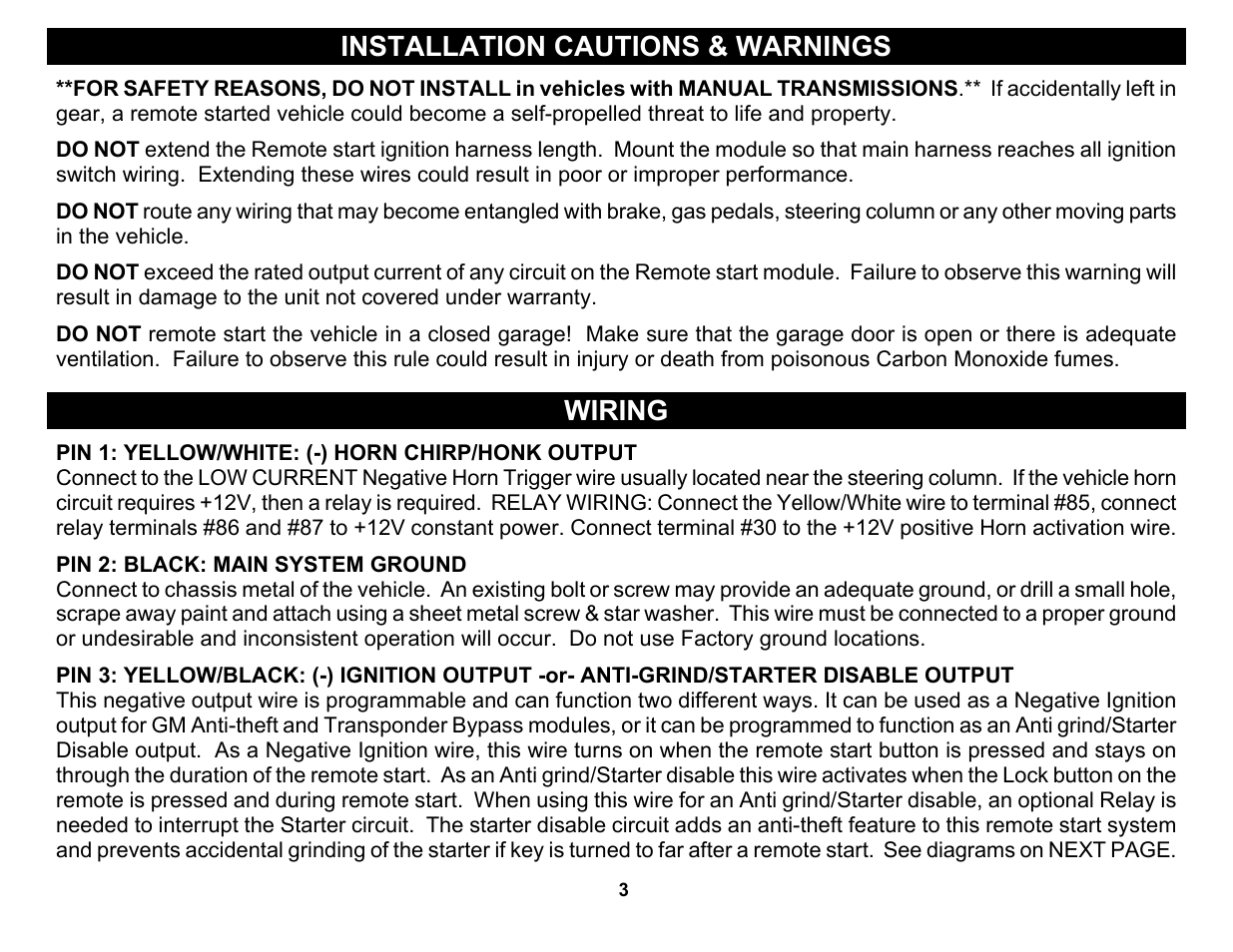 Installation cautions & warnings, Wiring | Crimestopper Security Products RS-999TW1/TW2 User Manual | Page 3 / 28