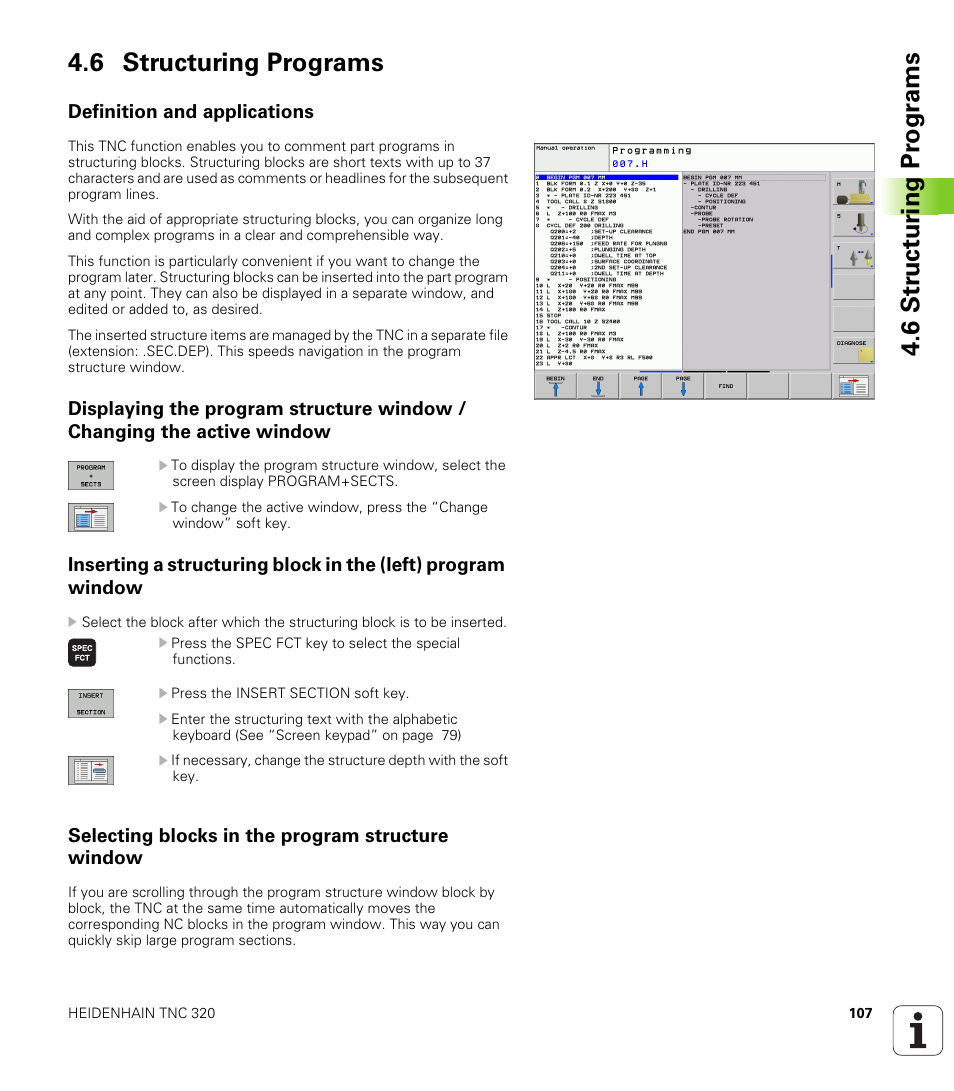 6 structuring programs, Definition and applications, Selecting blocks in the program structure window | HEIDENHAIN TNC 320 (340 55x-03) User Manual | Page 107 / 525