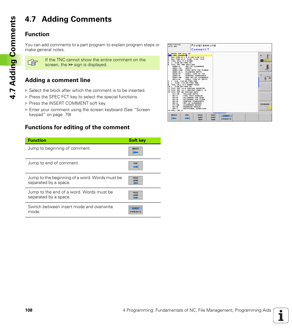 7 adding comments, Function, Adding a comment line | Functions for editing of the comment, 7 a dding comments 4.7 adding comments | HEIDENHAIN TNC 320 (340 55x-03) User Manual | Page 108 / 525