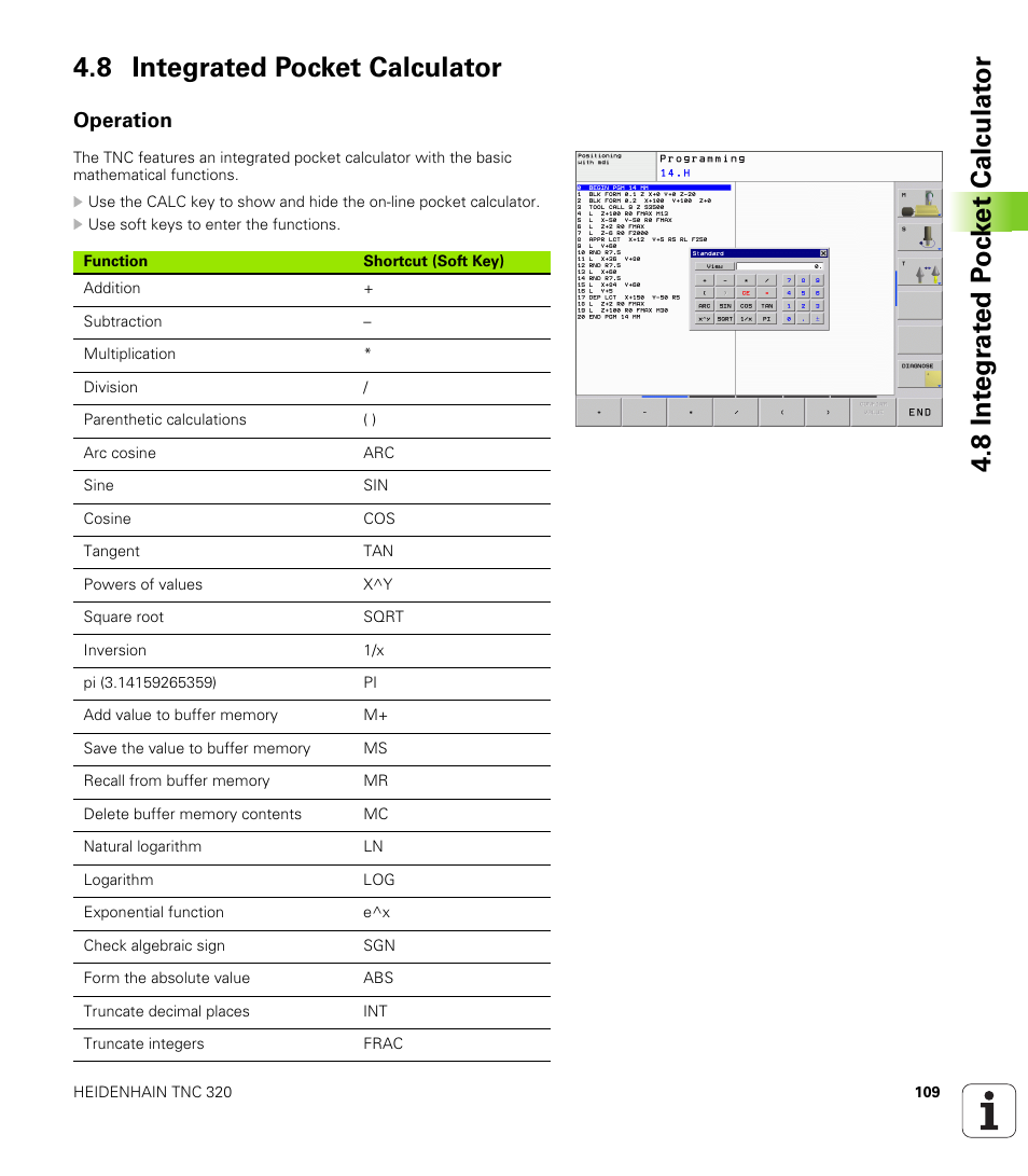 8 integrated pocket calculator, Operation | HEIDENHAIN TNC 320 (340 55x-03) User Manual | Page 109 / 525