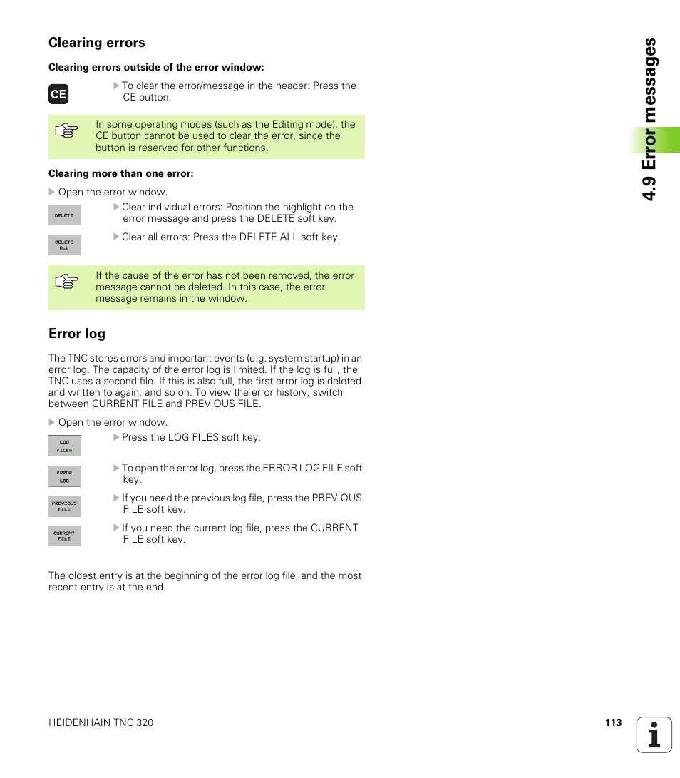 Clearing errors, Error log, 9 er ro r messag es | HEIDENHAIN TNC 320 (340 55x-03) User Manual | Page 113 / 525