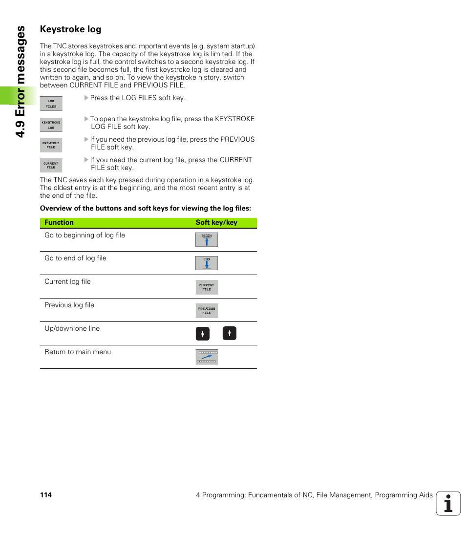 Keystroke log, 9 er ro r messag es | HEIDENHAIN TNC 320 (340 55x-03) User Manual | Page 114 / 525