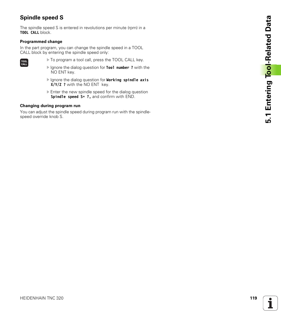 Spindle speed s, 1 ent e ri ng t o ol-relat ed d a ta | HEIDENHAIN TNC 320 (340 55x-03) User Manual | Page 119 / 525