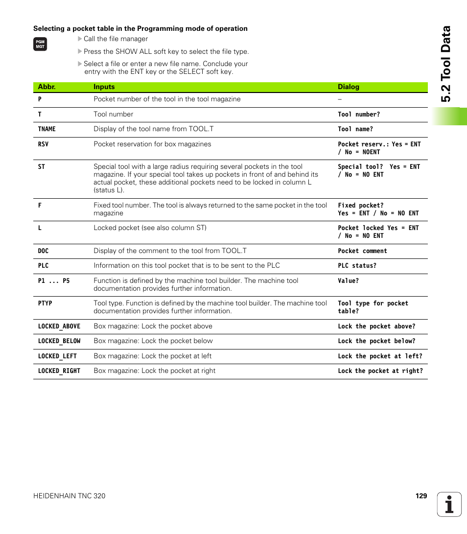 2 t ool d a ta | HEIDENHAIN TNC 320 (340 55x-03) User Manual | Page 129 / 525