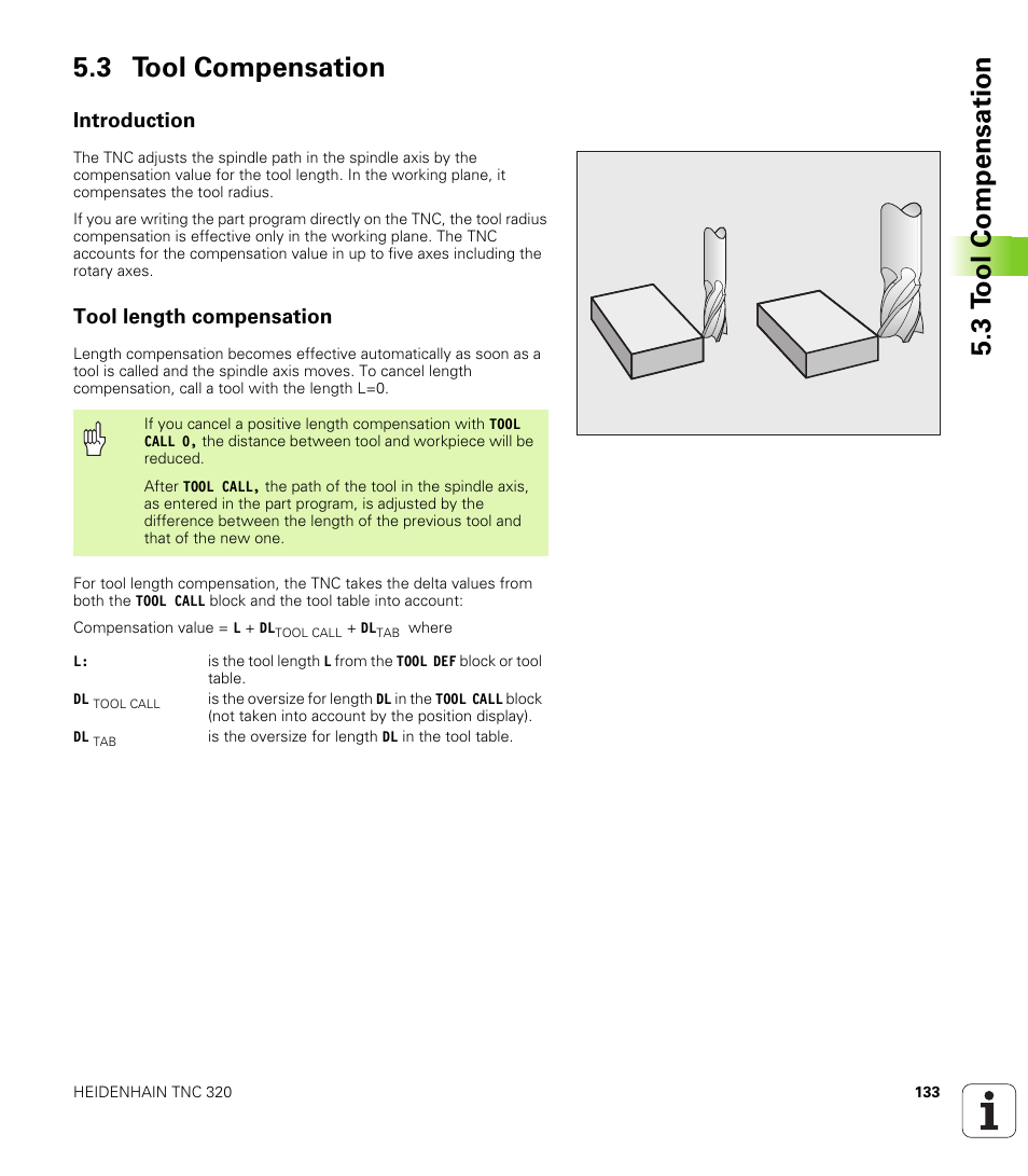 3 tool compensation, Introduction, Tool length compensation | 3 t ool compensation 5.3 tool compensation | HEIDENHAIN TNC 320 (340 55x-03) User Manual | Page 133 / 525