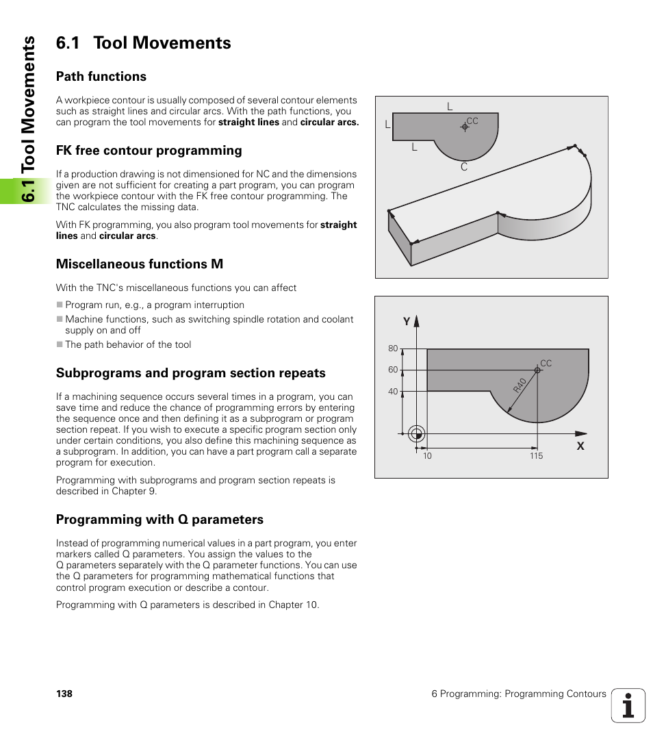 1 tool movements, Path functions, Fk free contour programming | Miscellaneous functions m, Subprograms and program section repeats, Programming with q parameters, 1 t ool mo v e ments 6.1 tool movements | HEIDENHAIN TNC 320 (340 55x-03) User Manual | Page 138 / 525