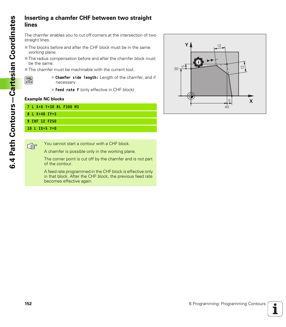 Inserting a chamfer chf between two straight lines, 4 p a th cont ours—car te sian coor dinat e s | HEIDENHAIN TNC 320 (340 55x-03) User Manual | Page 152 / 525