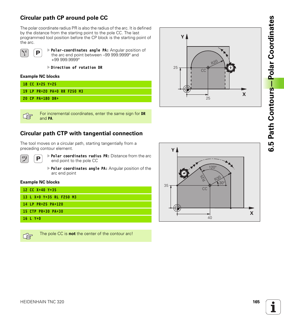 Circular path cp around pole cc, Circular path ctp with tangential connection, 5 p a th cont ours—p o lar coor dinat e s | HEIDENHAIN TNC 320 (340 55x-03) User Manual | Page 165 / 525