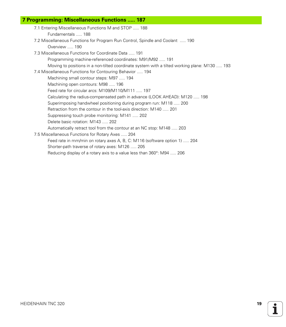 7 programming: miscellaneous functions, Programming: miscellaneous functions | HEIDENHAIN TNC 320 (340 55x-03) User Manual | Page 19 / 525