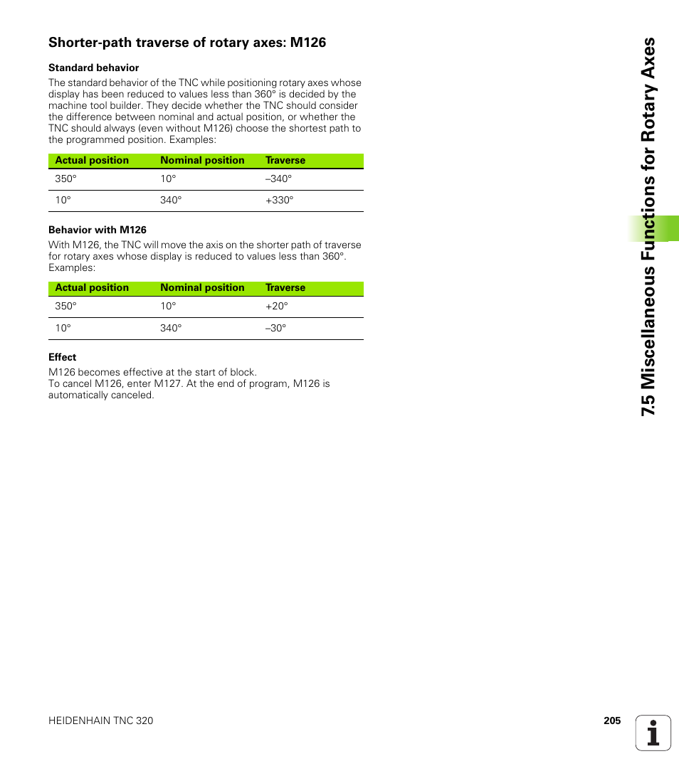 Shorter-path traverse of rotary axes: m126 | HEIDENHAIN TNC 320 (340 55x-03) User Manual | Page 205 / 525