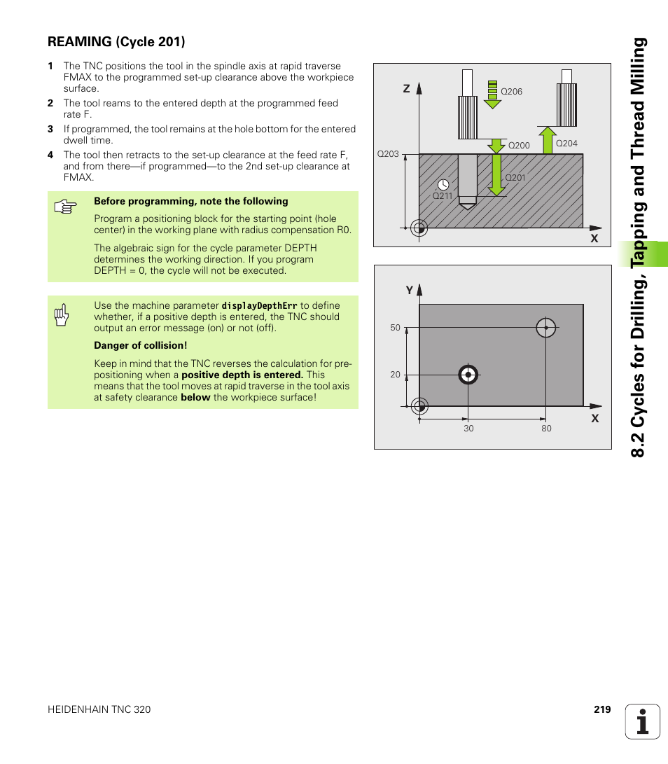 Reaming (cycle 201) | HEIDENHAIN TNC 320 (340 55x-03) User Manual | Page 219 / 525
