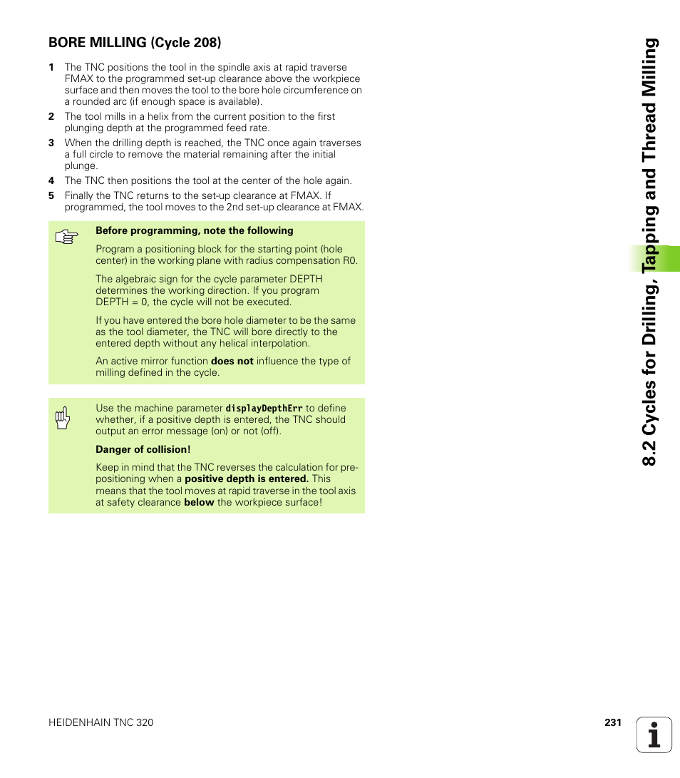 Bore milling (cycle 208) | HEIDENHAIN TNC 320 (340 55x-03) User Manual | Page 231 / 525