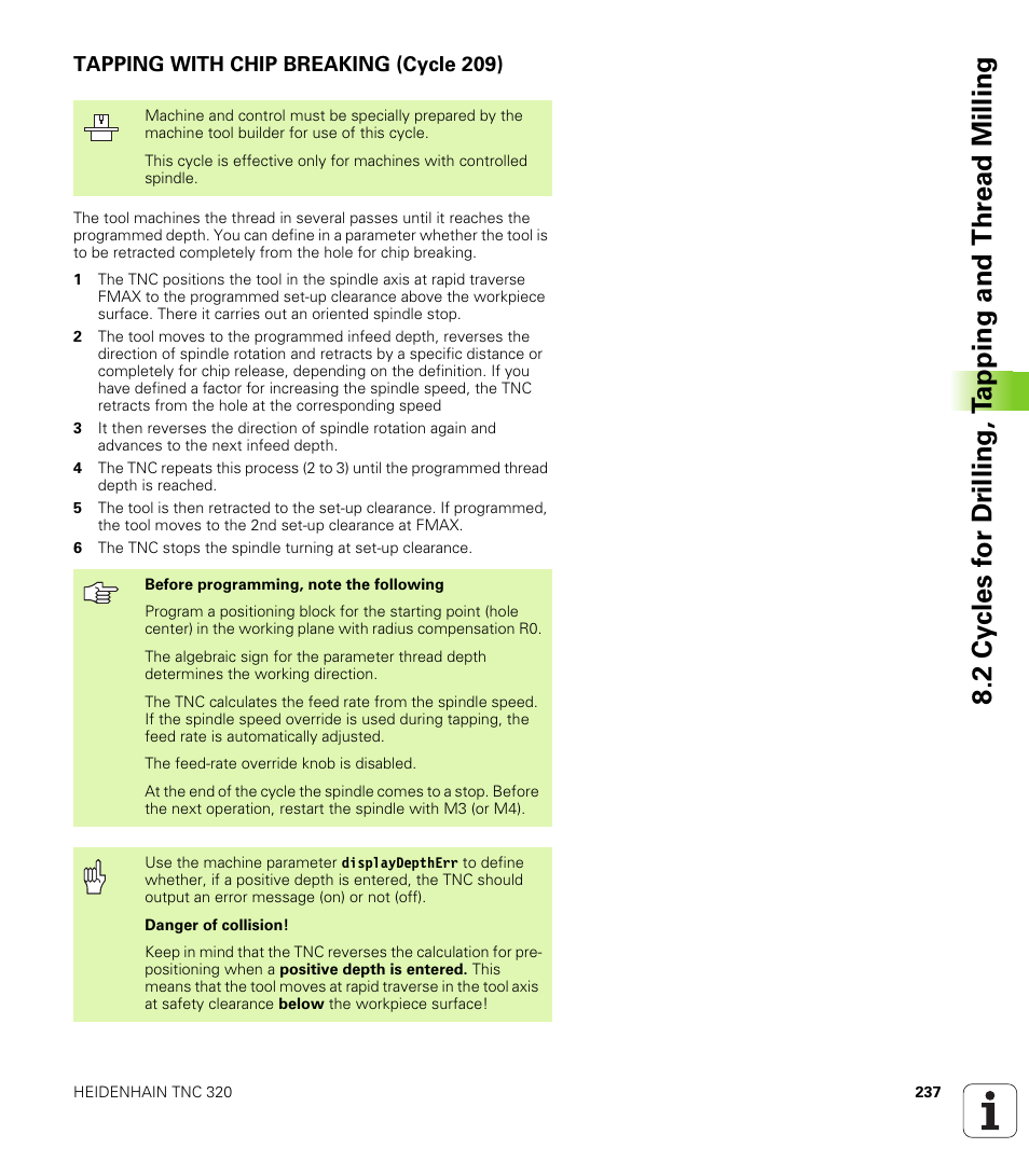 Tapping with chip breaking (cycle 209) | HEIDENHAIN TNC 320 (340 55x-03) User Manual | Page 237 / 525